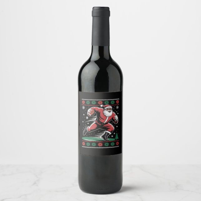  African American Santa Football Ugly Christmas Wine Label (Front)
