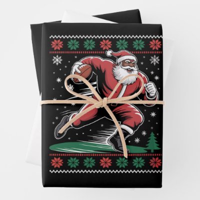  African American Santa Football Ugly Christmas Wrapping Paper Sheets