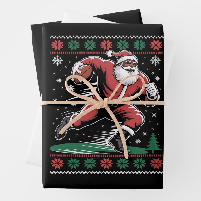 African American Santa Football Ugly Christmas Wrapping Paper Sheets (In situ)