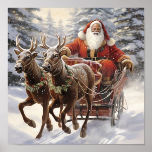 African American Santa Holly and Ivy Reindeer  Poster