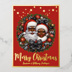 African American Santa & Mrs. Claus Foil Holiday Postcard