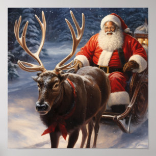 African American Santa Red Bow Reindeer Poster