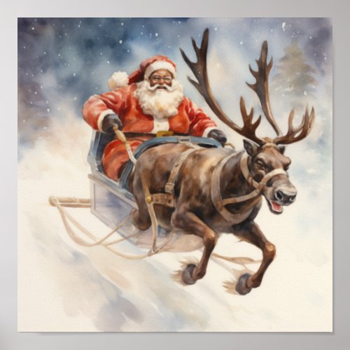African American Santa Reindeer Flying Sleigh Poster