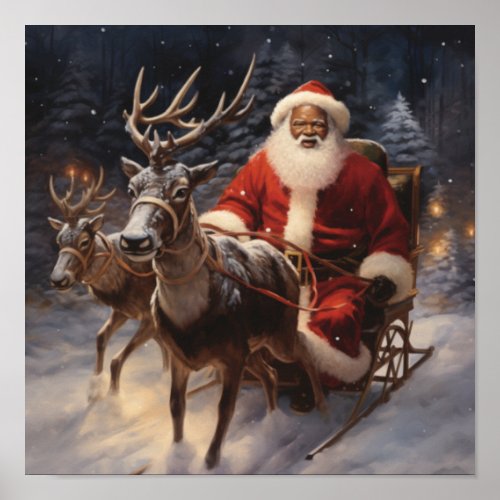 African American Santa Reindeer Game Sleigh Poster