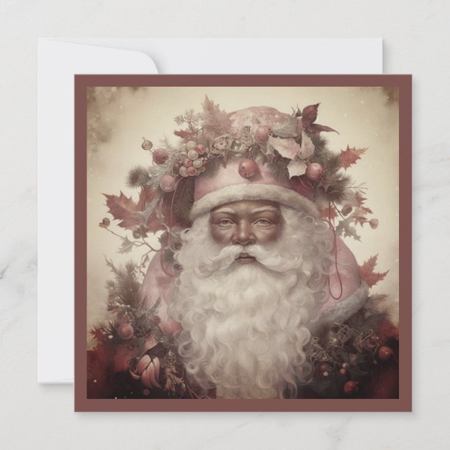 African American Santa, Rococo Red & Floral Hat Holiday Card (Front)