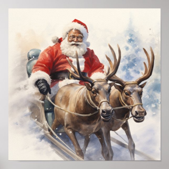 African American Santa Two Reindeer Sleigh Poster (Front)