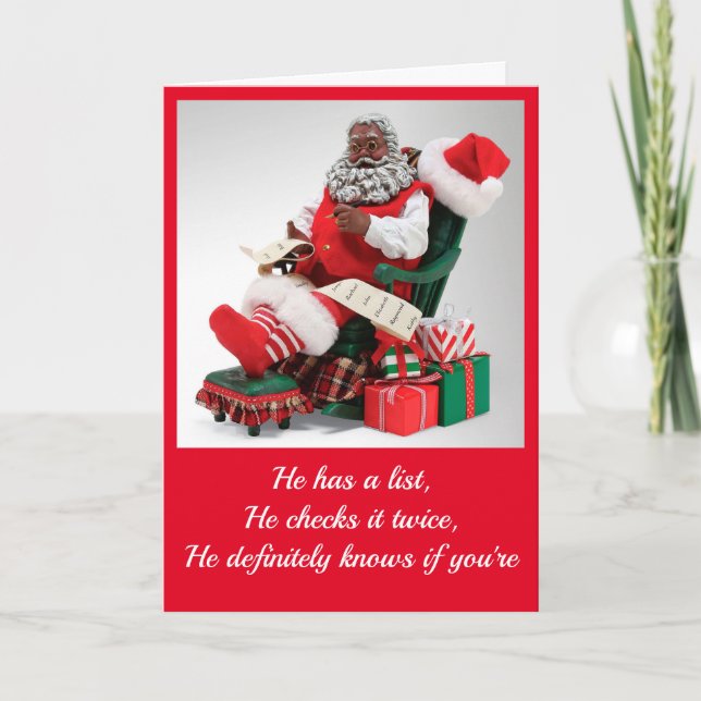 African American Santa's Nice List Christmas Card (Front)