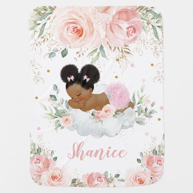 African American Sleeping Baby Girl Pink Floral  Baby Blanket (Front)