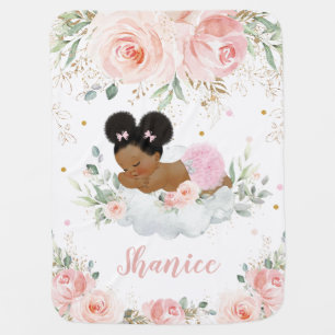 African American Sleeping Baby Girl Pink Floral  Blanket