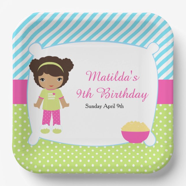 African American Sleepover Slumber Party Birthday Paper Plates (Front)