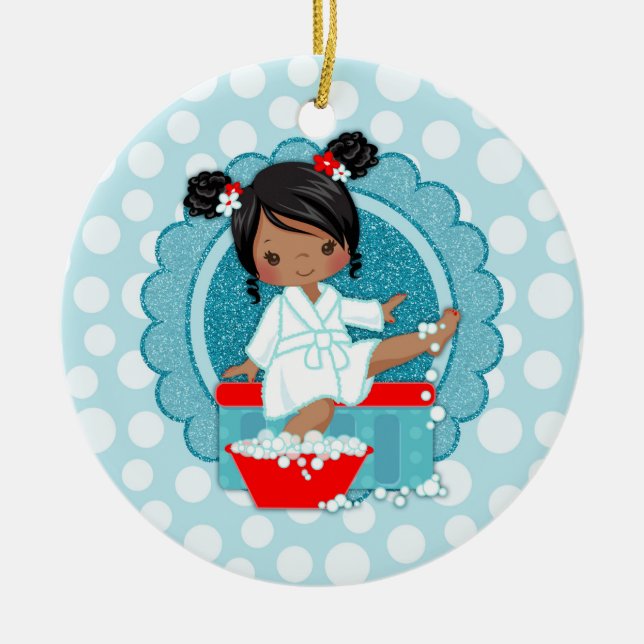 African American Spa Girl Bubbles Turquoise Red Ceramic Ornament (Front)