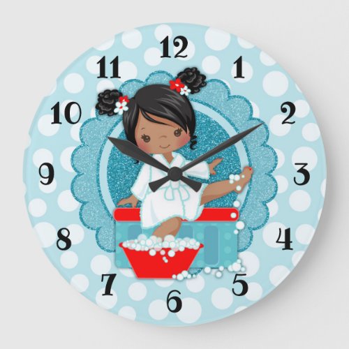 African American Spa Girl Bubbles Turquoise Red Large Clock
