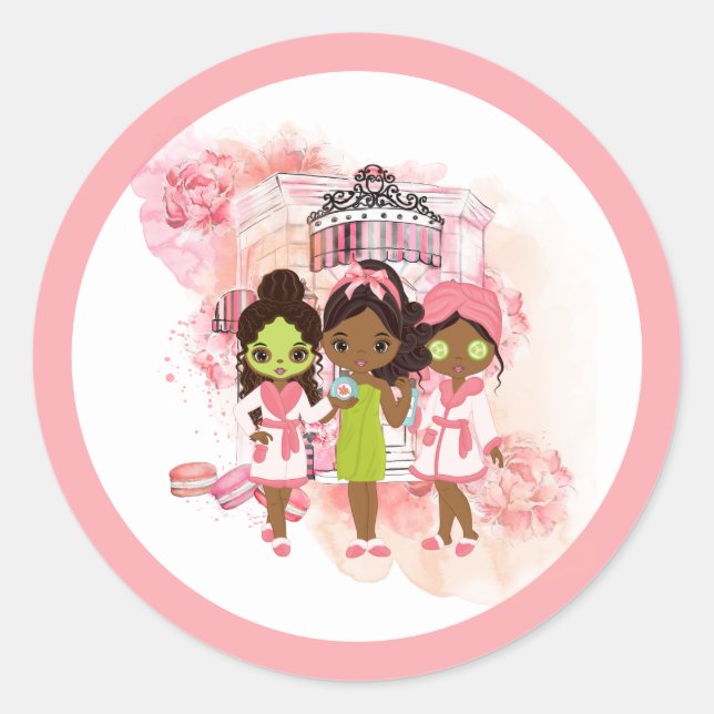 African American Spa Party Classic Round Sticker (Front)