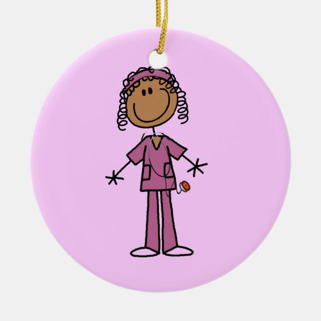 African American Stick Figure Nurse Ceramic Ornament (Front)