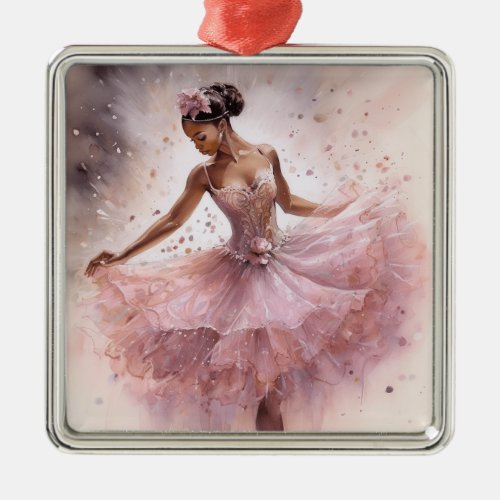 African American SugarPlum Fairy Pink Floral Tutu Metal Ornament