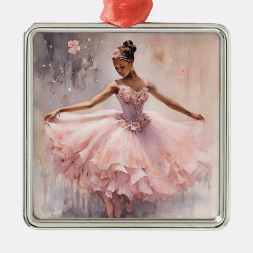 African American SugarPlum Fairy Pink Flower Tutu Metal Ornament