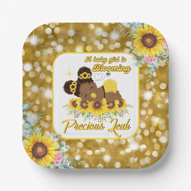 African American Sunflower Baby Shower Its a Girl  Paper Plates (Front)