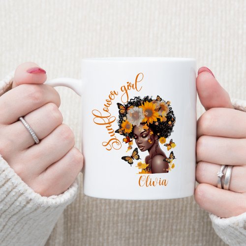 African American Sunflower girl Personalized Two_Tone Coffee Mug
