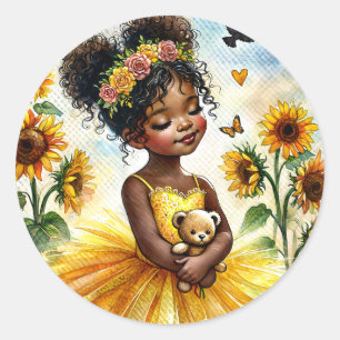 African American Sunflower Girl With Teddy Bear Classic Round Sticker