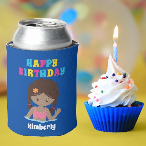 African American Swimming Girl Pool Party Birthday Can Cooler