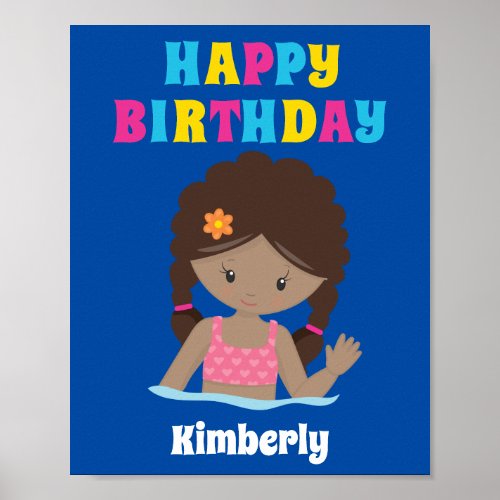 African American Swimming Girl Pool Party Birthday Poster