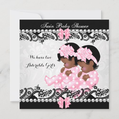 African American Twin Baby Shower Cute Girls Pink Invitation