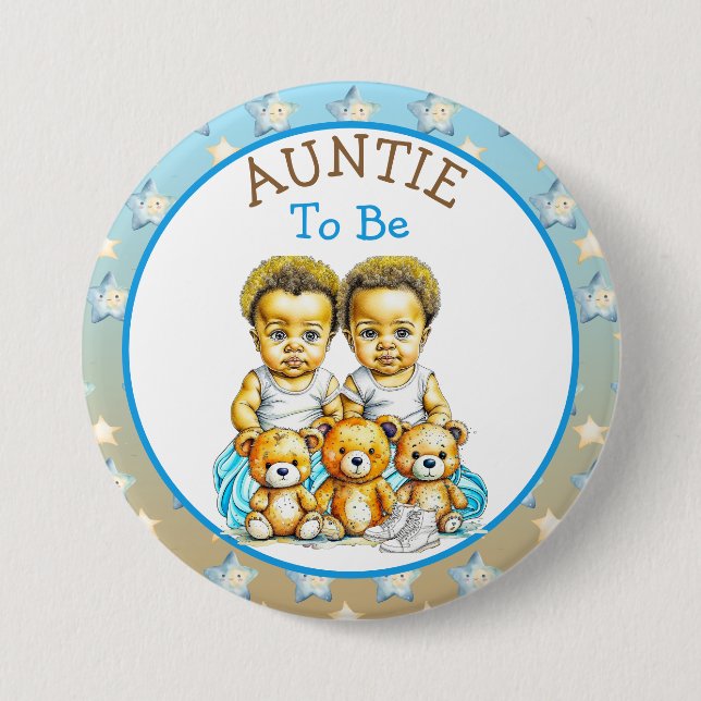 African-American Twin Boy's Baby Shower Aunt To Be Button (Front)