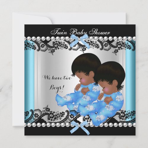 African American Twin Boys Baby Shower Blue 2 Invitation