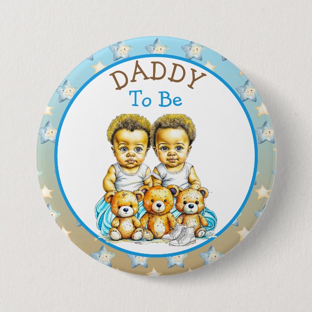 African-American Twin Boy's Baby Shower Dad To Be Button (Front)