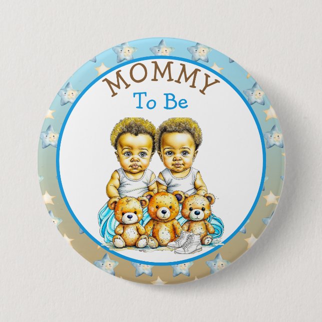 African-American Twin Boy's Baby Shower Mom To Be Button (Front)