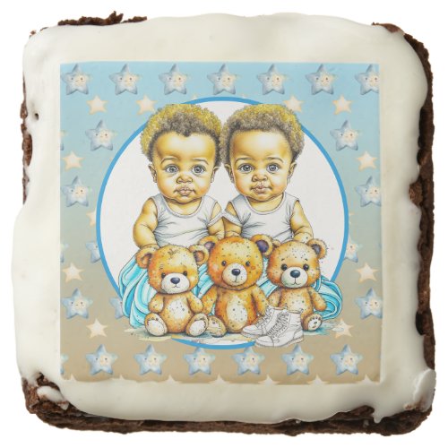 African_American Twin Boys Blue Baby Shower Brownie
