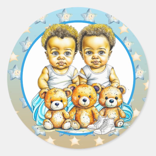 African-American Twin Boy's Blue Baby Shower Classic Round Sticker (Front)
