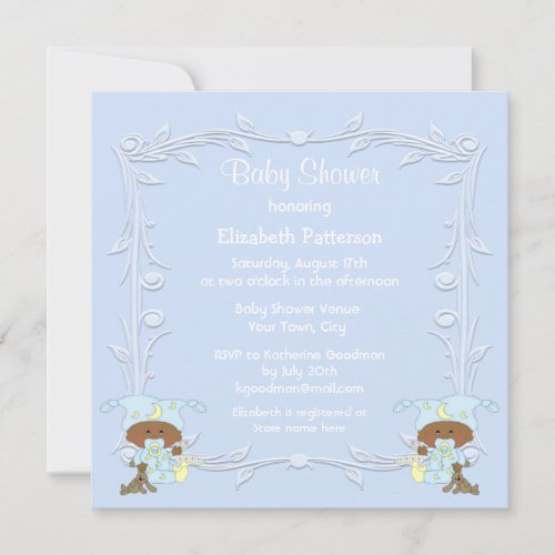 African American Twin Boys Blue Baby Shower Invitation