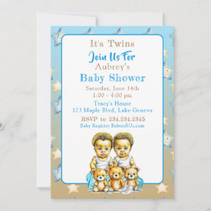African-American Twin Boy's Blue Baby Shower Invitation