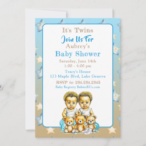 African_American Twin Boys Blue Baby Shower Invitation