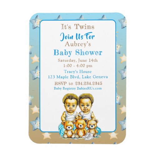 African_American Twin Boys Blue Baby Shower Magnet