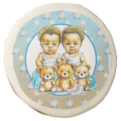 African_American Twin Boys Blue Baby Shower Sugar Cookie