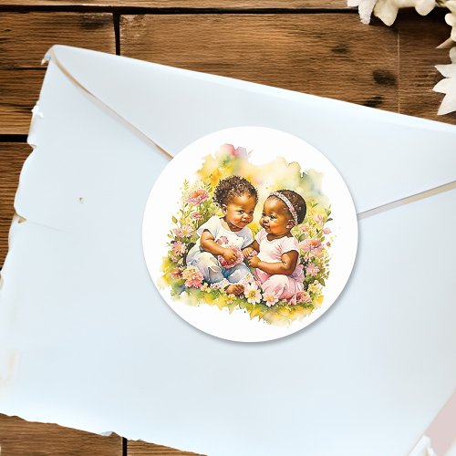 African_American Twin Girls Baby Shower Classic Round Sticker