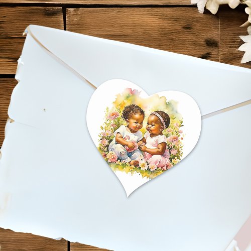 African_American Twin Girls Baby Shower Heart Sticker