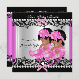 African American Twin Girls Baby Shower Hot Pink 2 Invitation