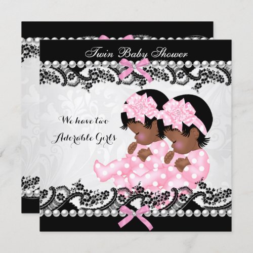 African American Twin Girls Baby Shower Pink Invitation