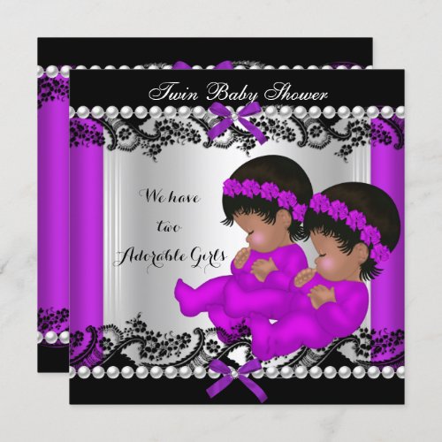 African American Twin Girls Baby Shower Purple Invitation