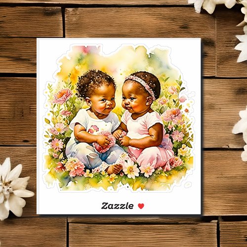 African_American Twin Girls Baby Shower Sticker