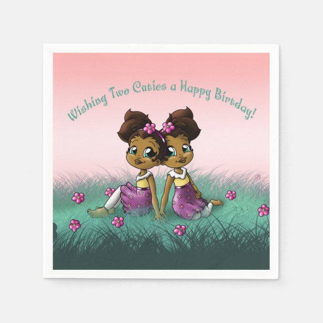 African American Twin Girls Birthday Napkins (Front)