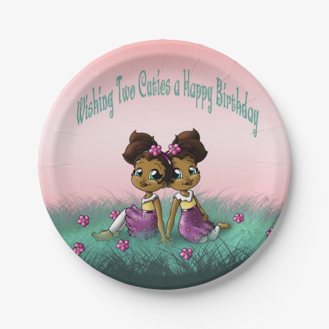 African American Twin Girls Birthday Paper Plates (Front)