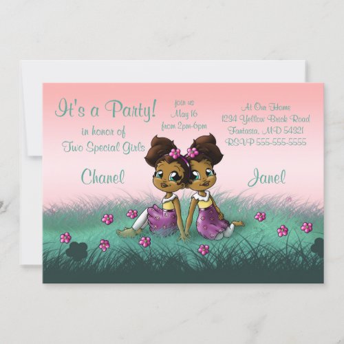 African American Twin Girls Birthday Party Invitation