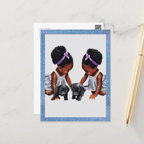 African American twin girls with puppies Postcard