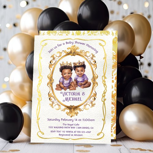 African American Twin Gold Prince Baby Shower Invitation