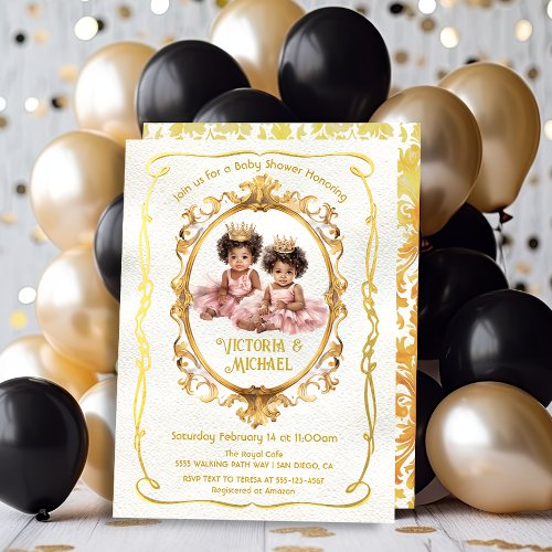 African American Twin Gold Princess Baby Shower Invitation