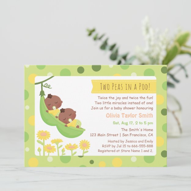 African American Twin Peas Baby Shower Invitations